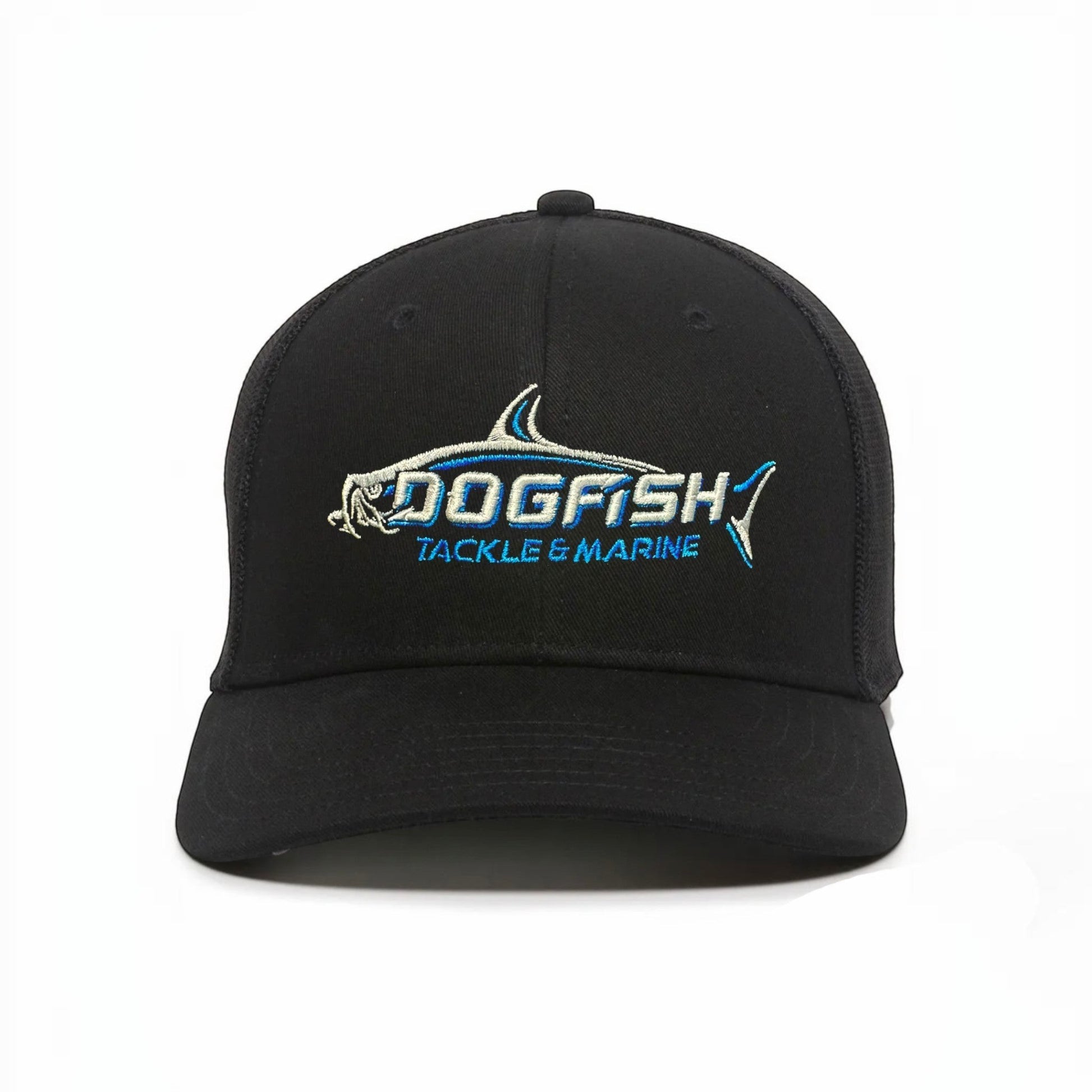 Dogfish Tackle & Marine black mesh back hat with embroidered logo and adjustable snap closure.