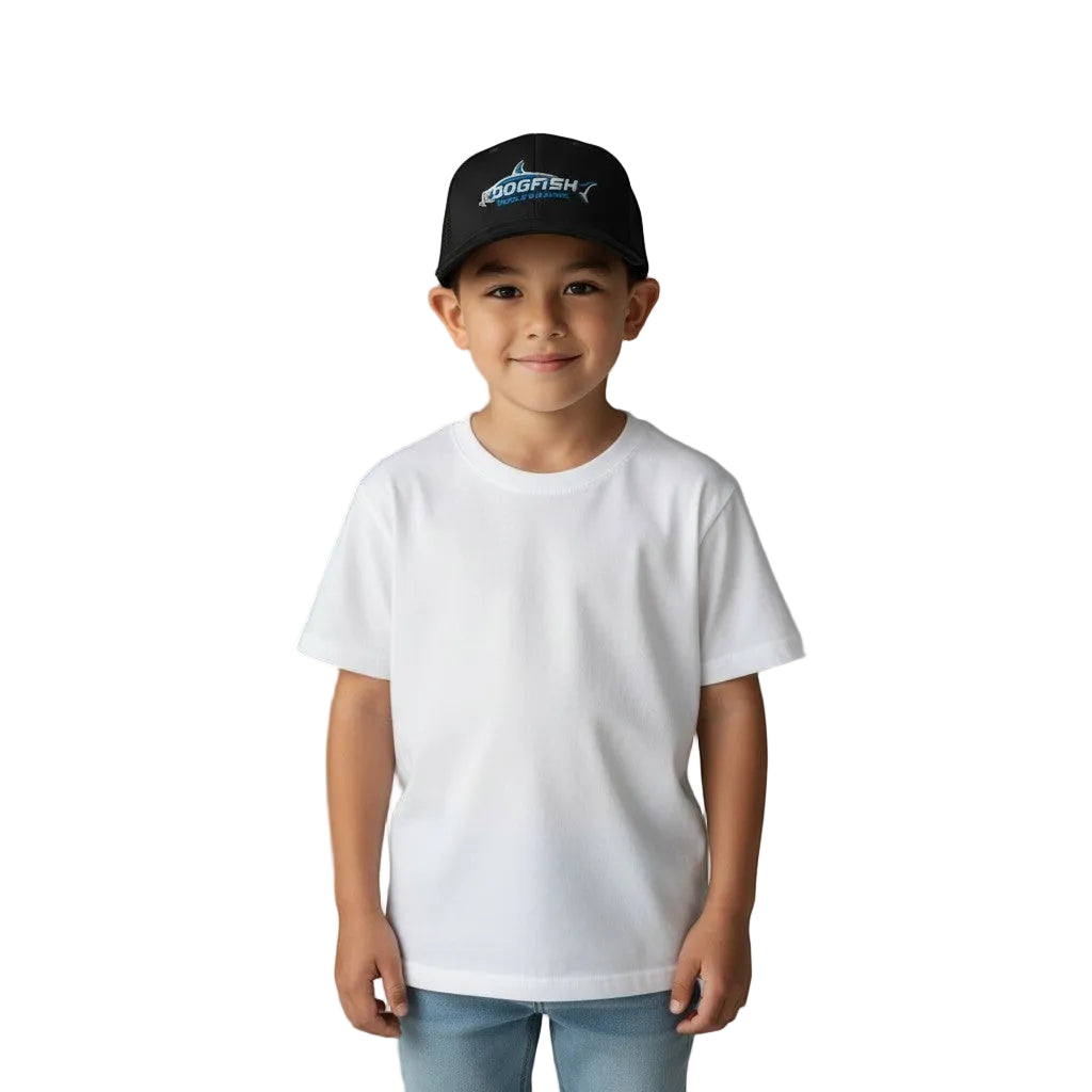 Dogfish Tackle & Marine black youth mesh back hat with embroidered fish logo and ProFlex sweatband.