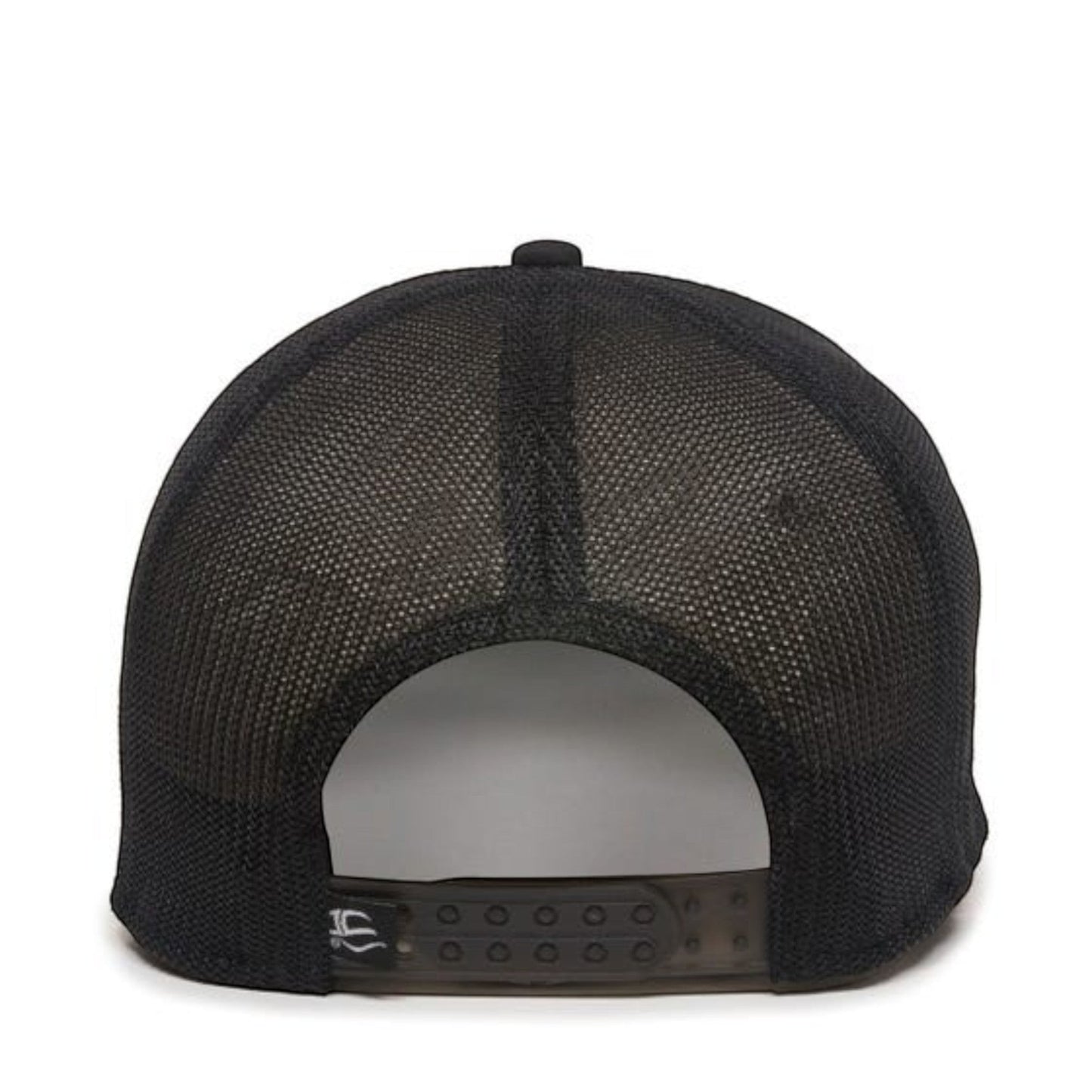 Dogfish Tackle & Marine black mesh back trucker hat with adjustable snap closure and embroidered logo detail.