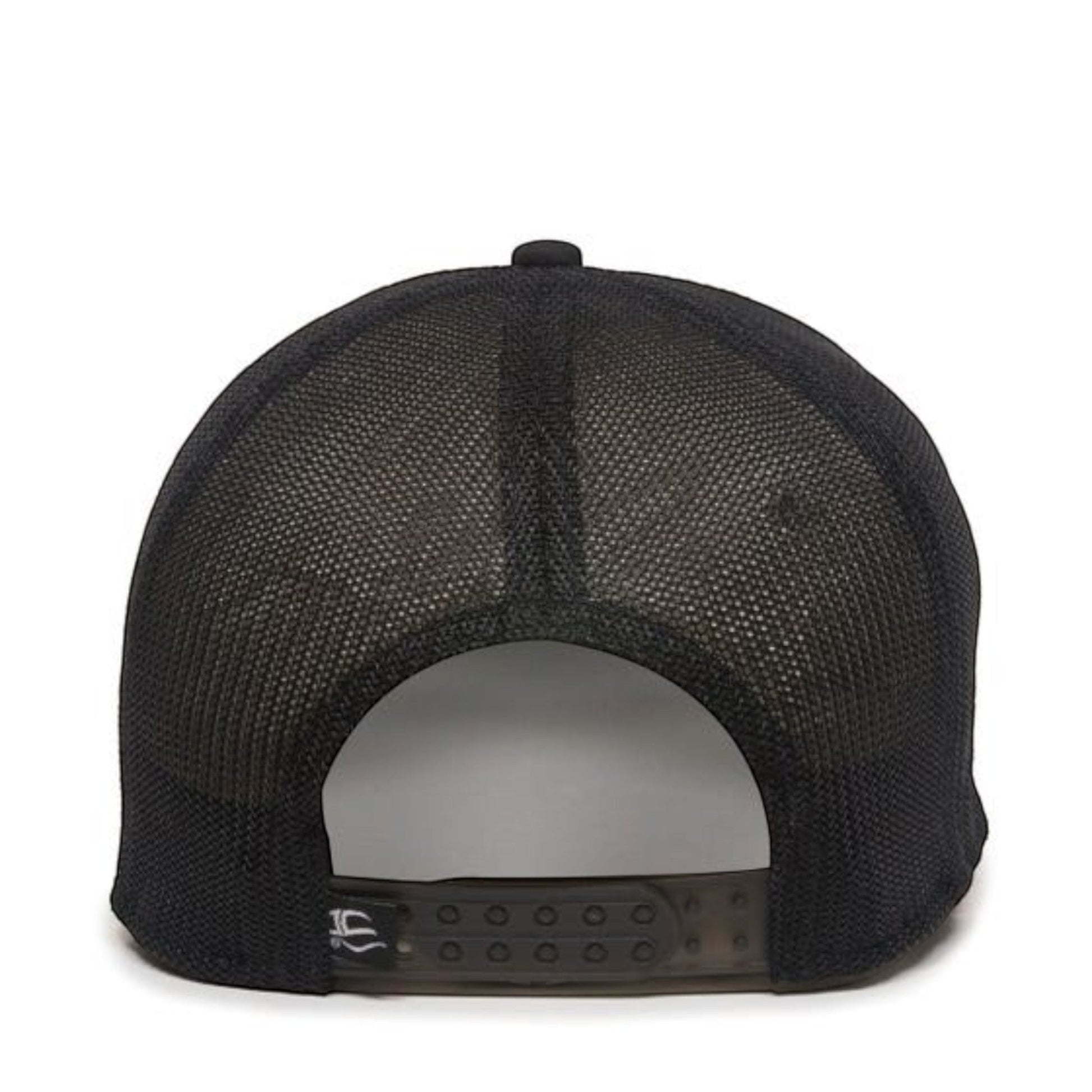 Dogfish Tackle & Marine black mesh back trucker hat with adjustable snap closure and embroidered logo detail.