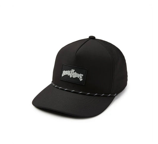 Dogfish Tackle & Marine black unstructured nylon baseball cap with rope detail and Stick Figure logo patch.