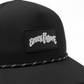 Dogfish Tackle & Marine black unstructured nylon baseball cap with rope detail and Stick Figure logo patch.