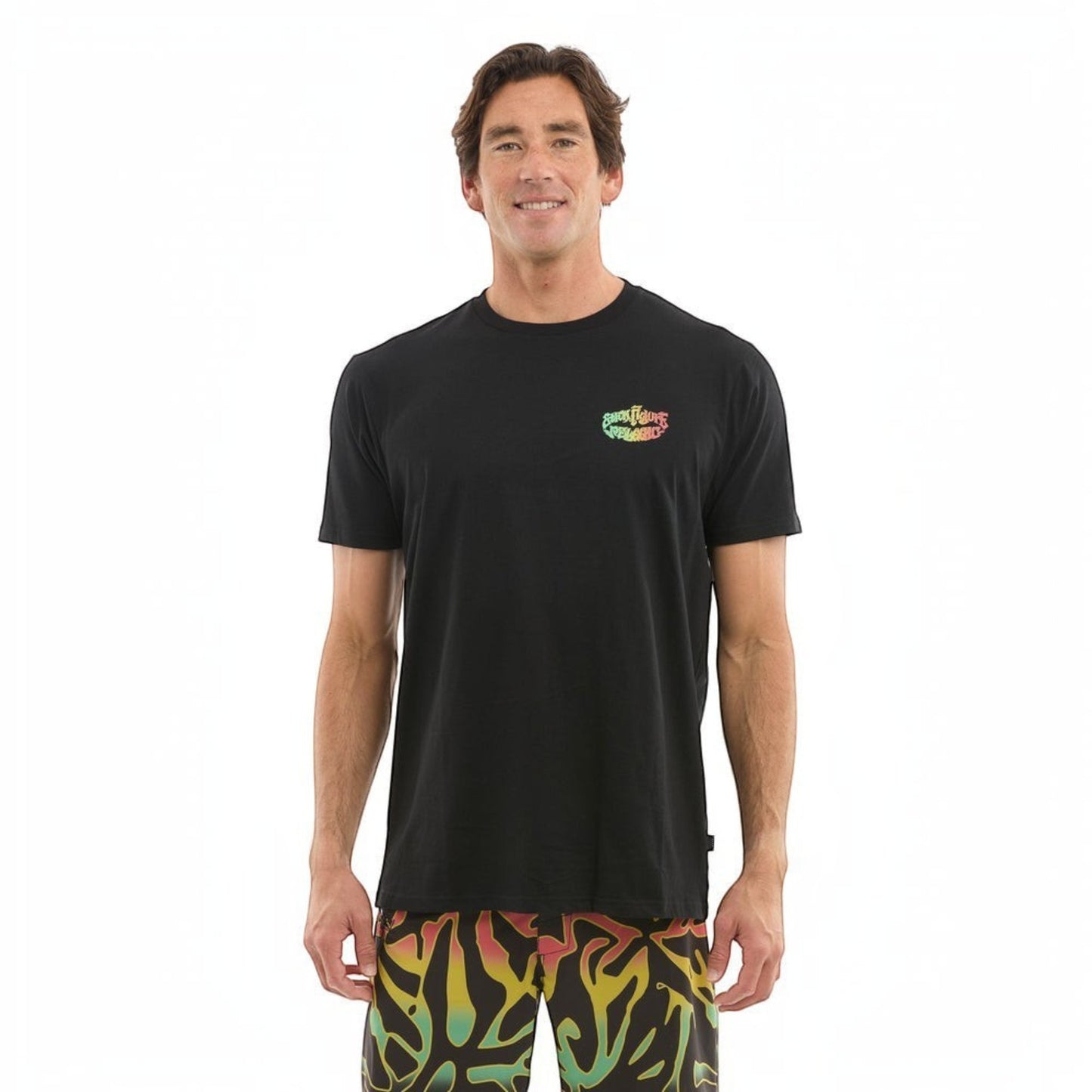 Dogfish Tackle & Marine black 60% cotton 40% polyester t-shirt with a colorful stick figure logo on the chest.