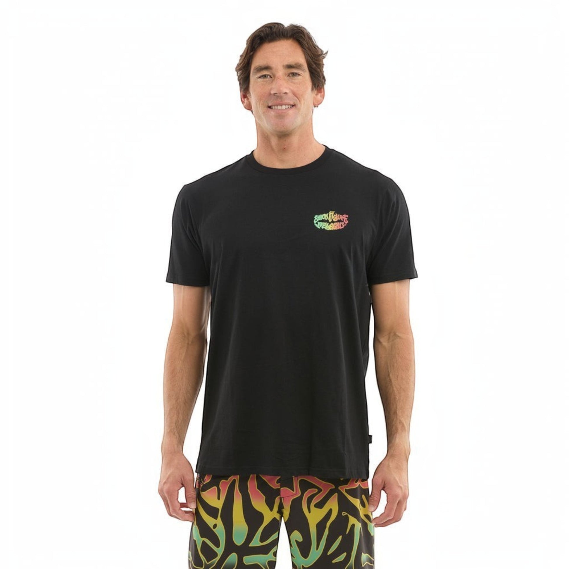 Dogfish Tackle & Marine black 60% cotton 40% polyester t-shirt with a colorful stick figure logo on the chest.