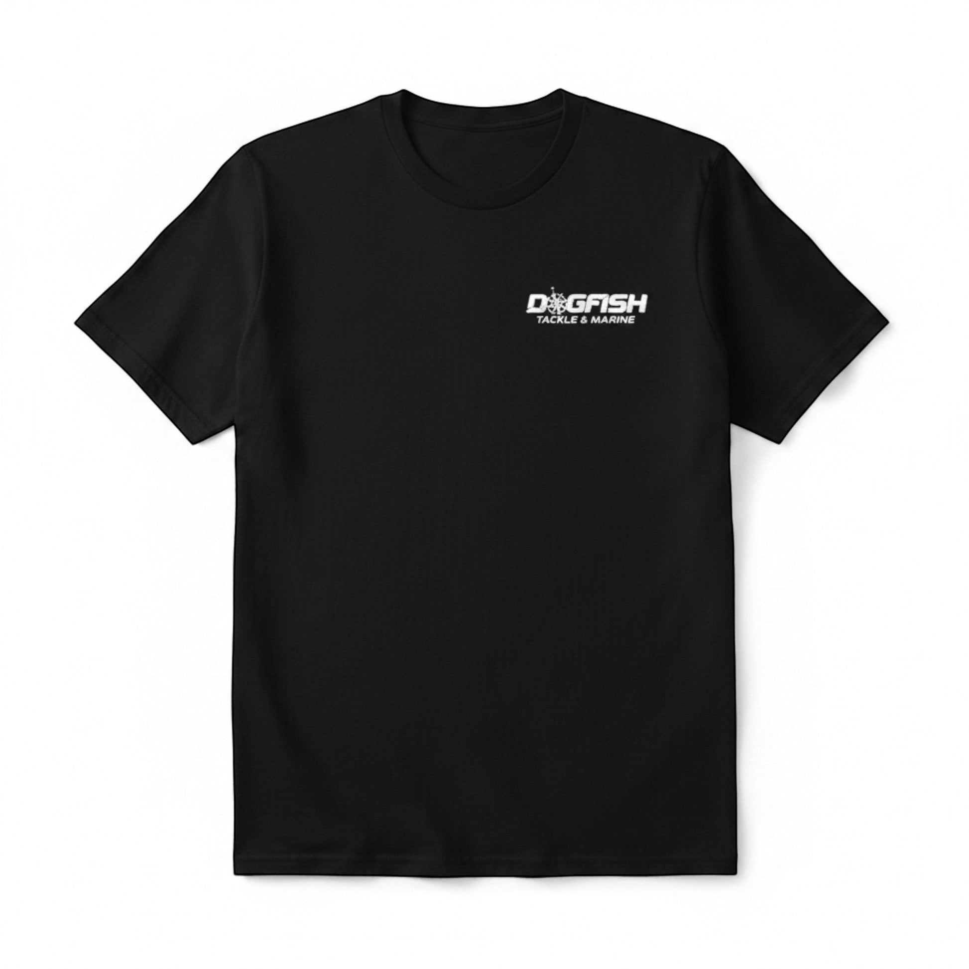 Dogfish Tackle & Marine black poly-cotton short sleeve t-shirt with Florida Unchained logo on chest.