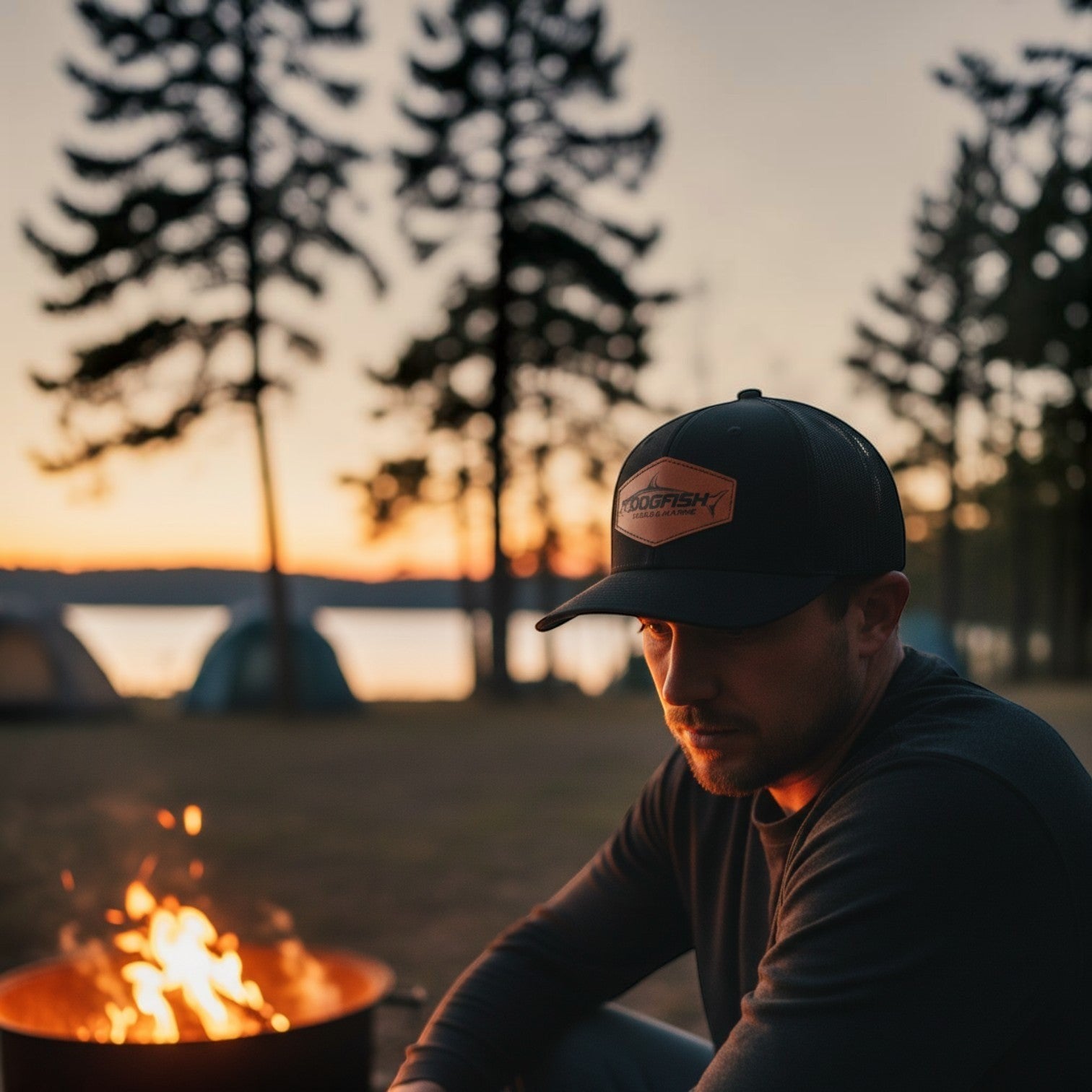 Dogfish Tackle & Marine black trucker hat with leather tarpon patch, mesh back, and slight pre-curve. Worn by a man by a campfire at sunset.