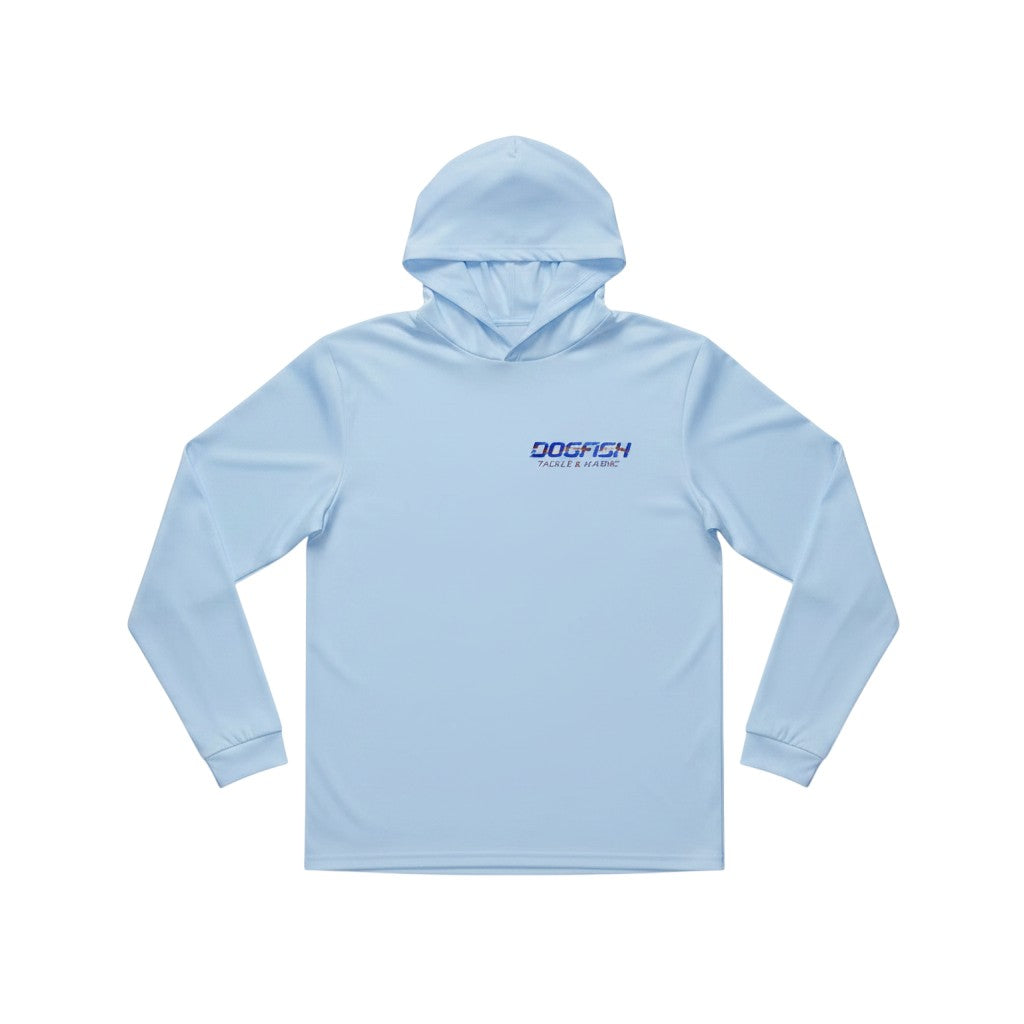 Dogfish Tackle & Marine light blue long sleeve hooded performance polyester shirt with logo