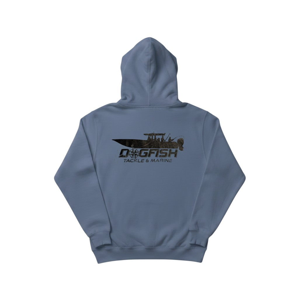Dogfish Tackle & Marine blue cotton blend hoodie with center console boat graphic on back.