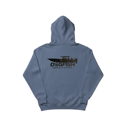 Dogfish Tackle & Marine blue cotton blend hoodie with center console boat graphic on back.