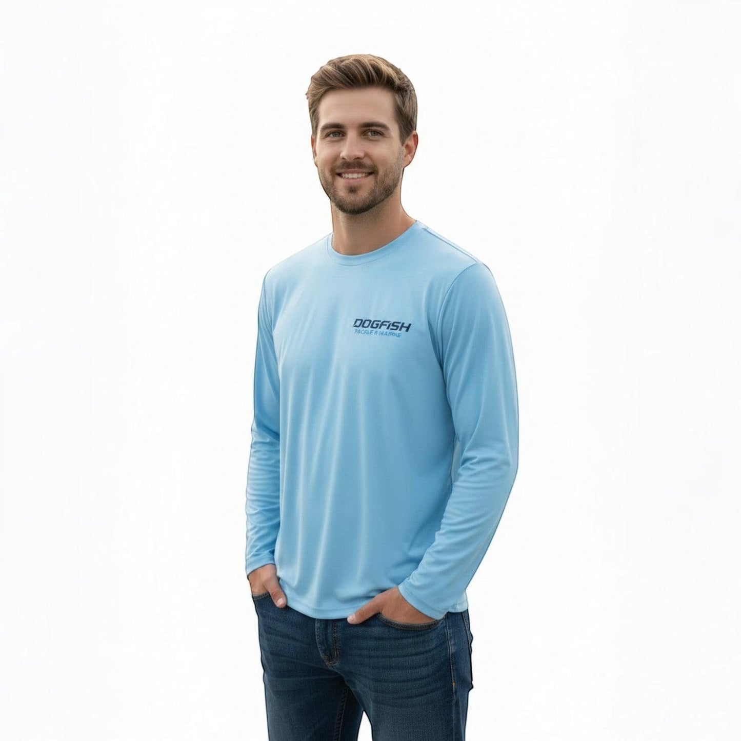 Dogfish Tackle & Marine light blue microfiber long sleeve shirt with UPF 50+ sun protection.