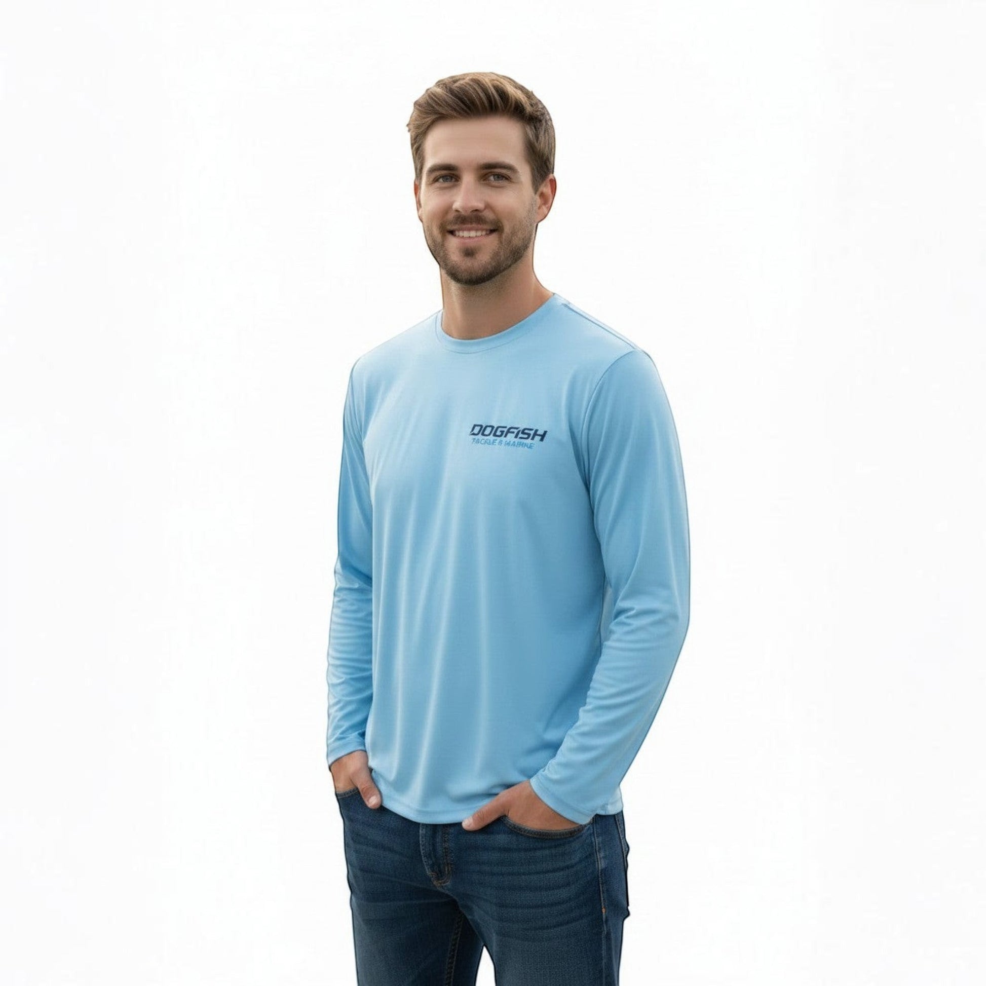 Dogfish Tackle & Marine light blue microfiber long sleeve shirt with UPF 50+ sun protection.