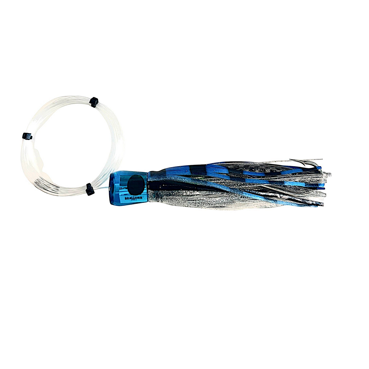 Dogfish Tackle & Marine blue and silver chugger trolling lure with monofilament leader for offshore game fishing