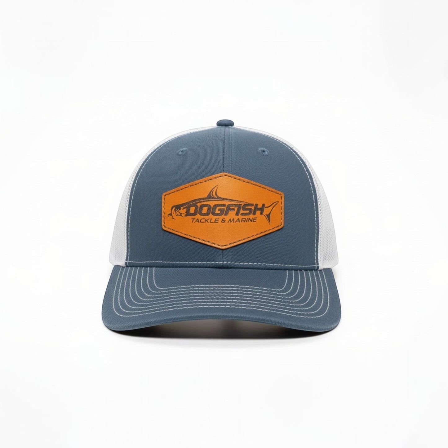 Dogfish Tackle & Marine blue trucker hat with white mesh back and leather patch featuring a tarpon logo.