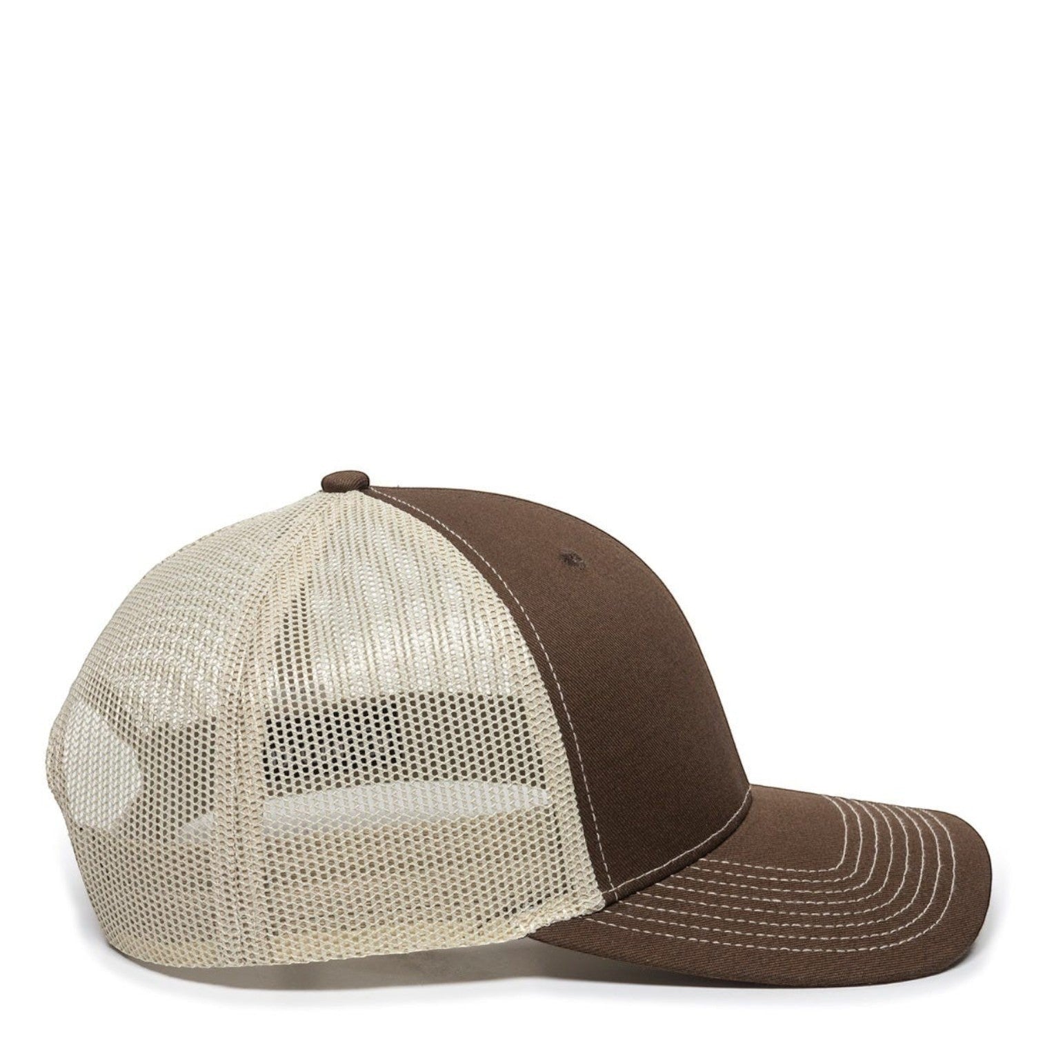 Dogfish Tackle & Marine brown chino twill front trucker hat with beige mesh back panels and contrasting stitching.