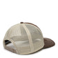 Dogfish Tackle & Marine brown and tan trucker hat with mesh back panels and a pre-curved brim.