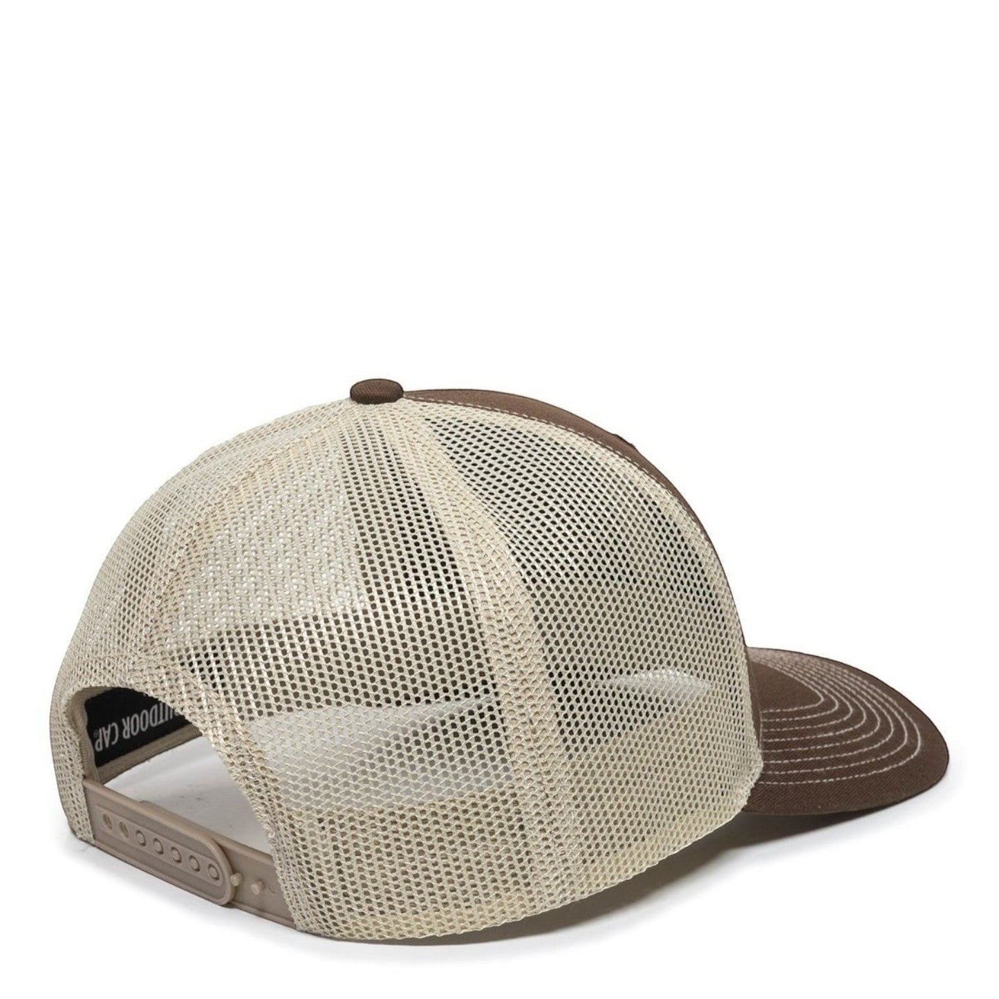 Dogfish Tackle & Marine brown and tan trucker hat with mesh back panels and a pre-curved brim.