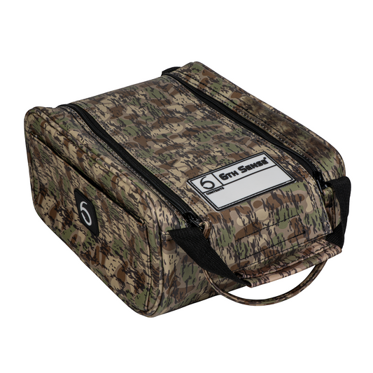 Dogfish Tackle & Marine 6th Sense large camo bait bag with dual zippers and a top contents label for fishing gear.