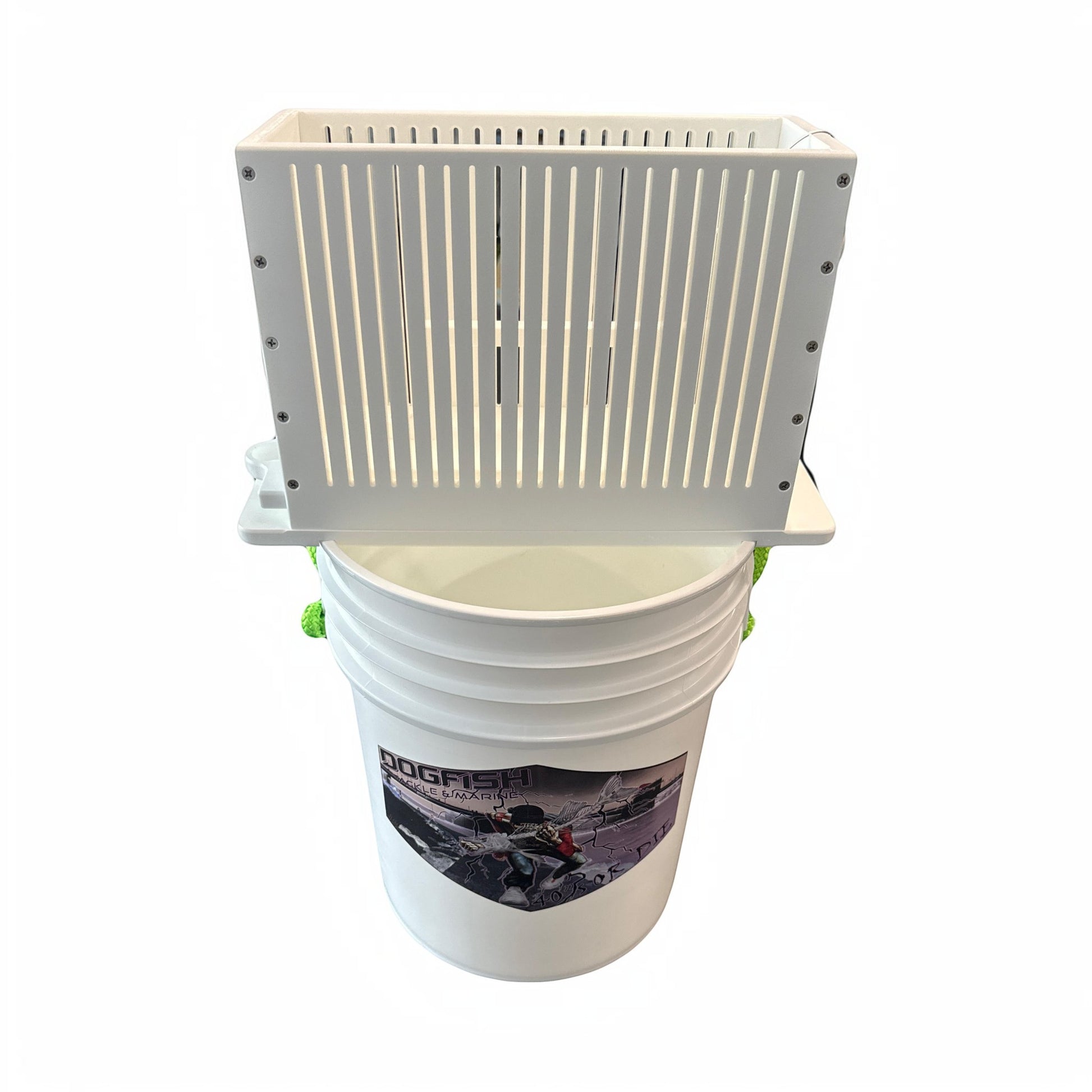 Dogfish Tackle & Marine white King Starboard chum cutter with integrated knife holder, designed for 5-gallon buckets.