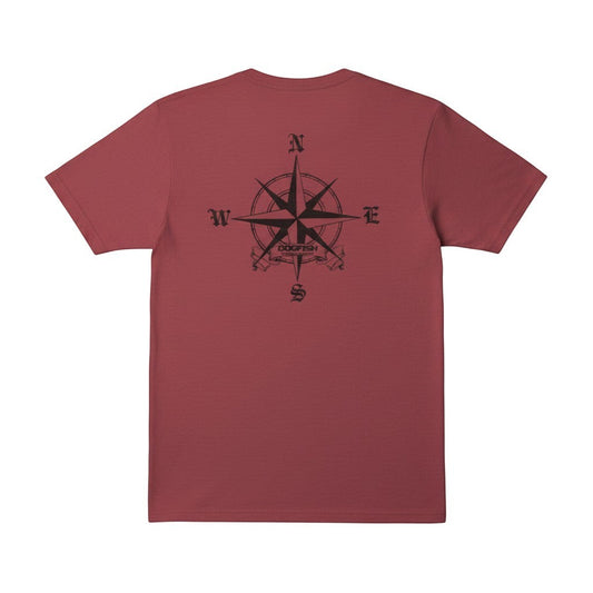 Dogfish Tackle & Marine heathered red cotton t-shirt with compass graphic on back.