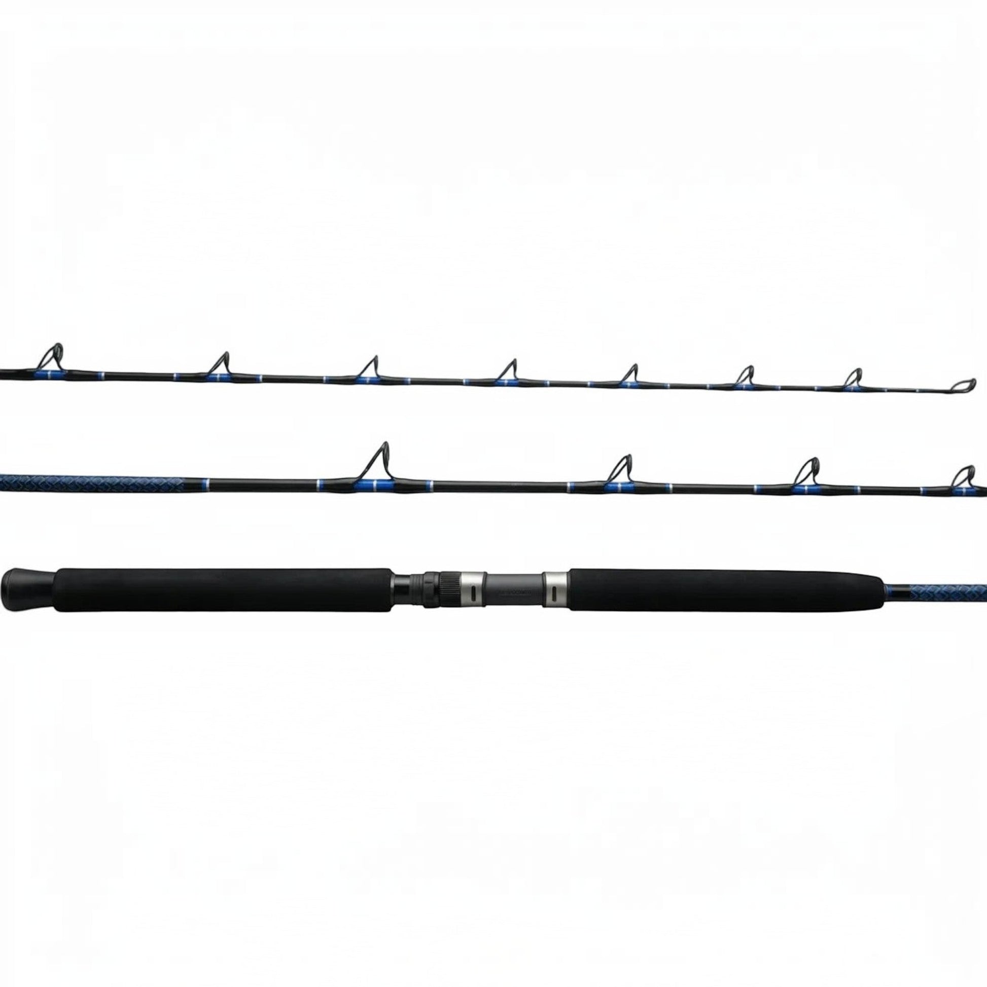 Dogfish Tackle & Marine blue and black graphite conventional fishing rod with EVA foam grip and Alps guides.