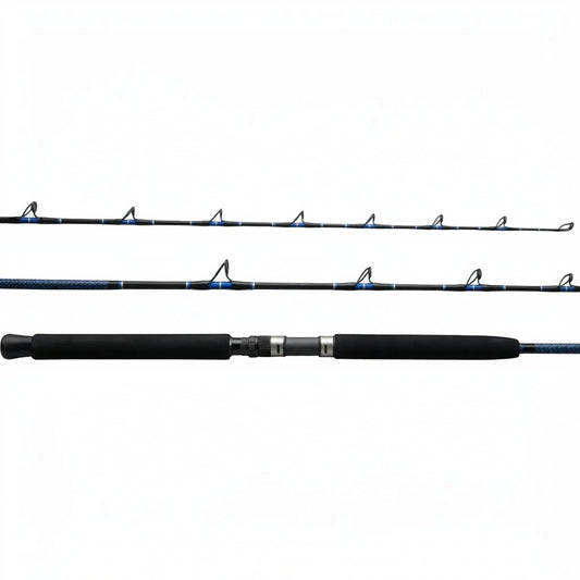 Dogfish Tackle & Marine blue and black graphite conventional fishing rod with EVA foam grip and Alps guides.