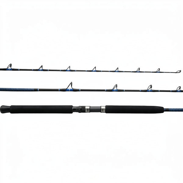 Dogfish Tackle & Marine blue and black graphite conventional fishing rod with EVA foam grip and Alps guides.