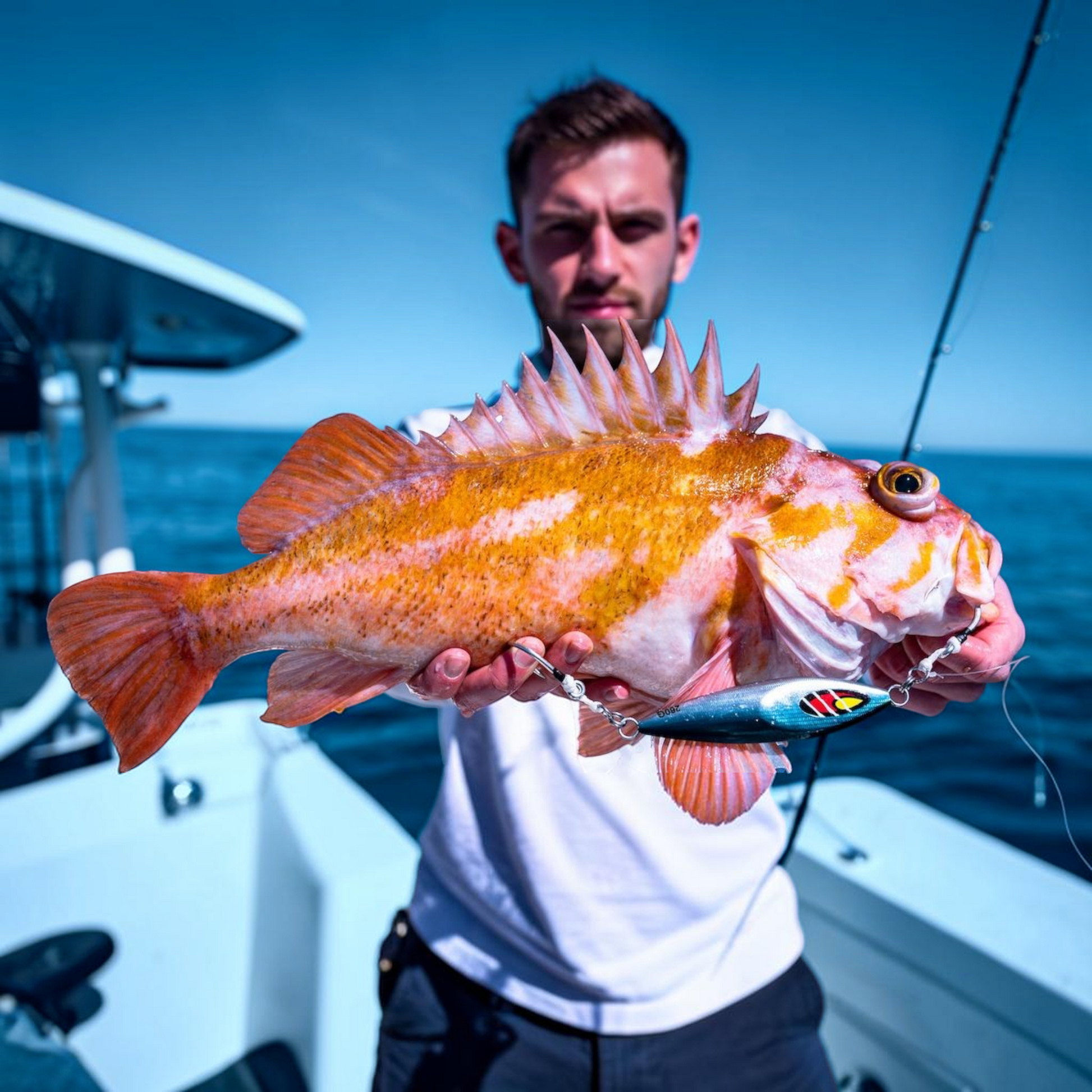 Dogfish Tackle & Marine angler holding a large rockfish caught with a Daiwa Mr Slow Jig featuring sharp assist hooks.