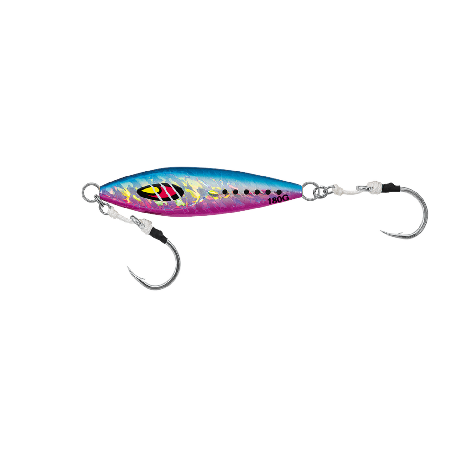 Dogfish Tackle & Marine Daiwa Mr Slow Jig in blue and pink with two sharp assist hooks on a black background.