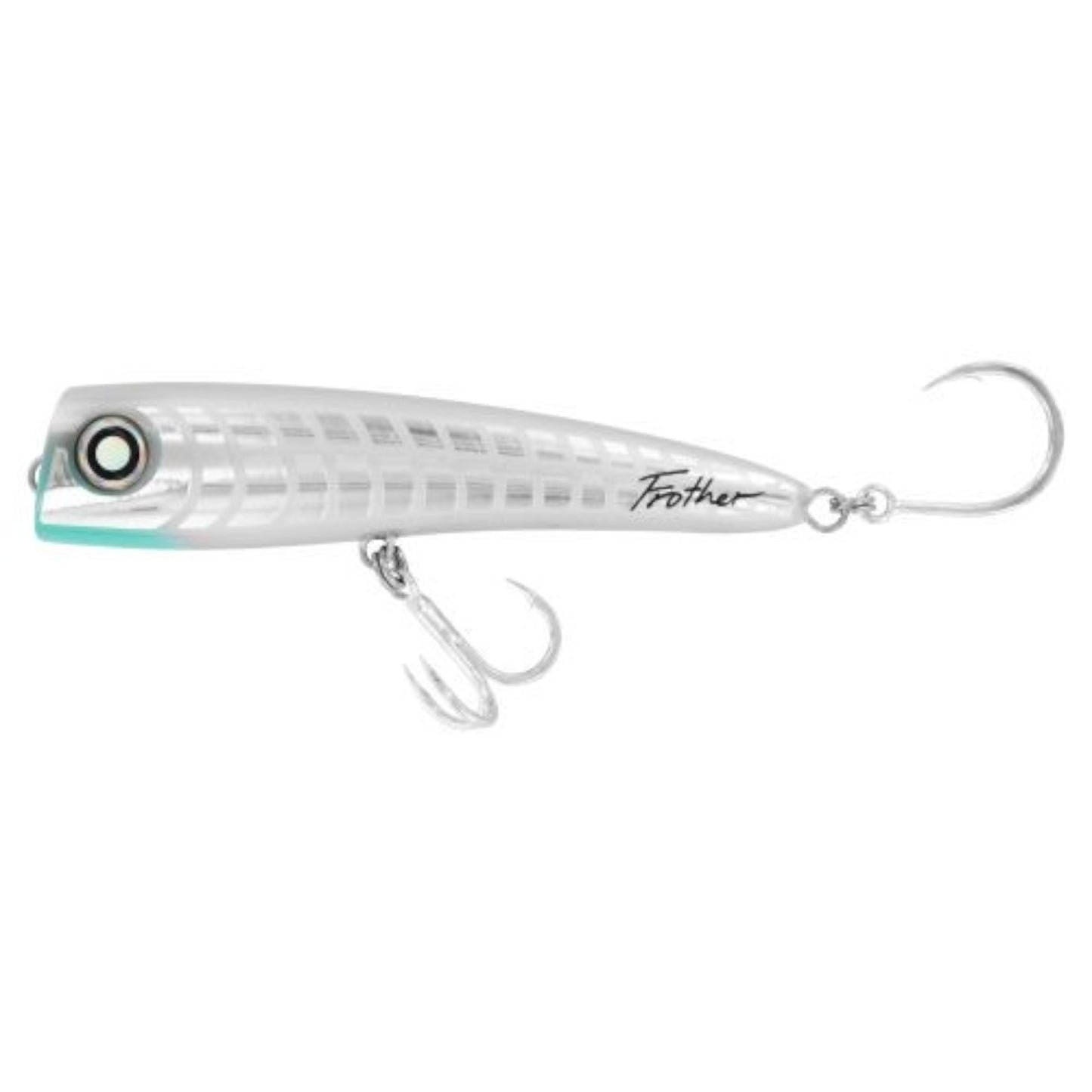 Dogfish Tackle & Marine Daiwa Saltiga Frother silver long cast popper lure with a rounded cup face for offshore fishing