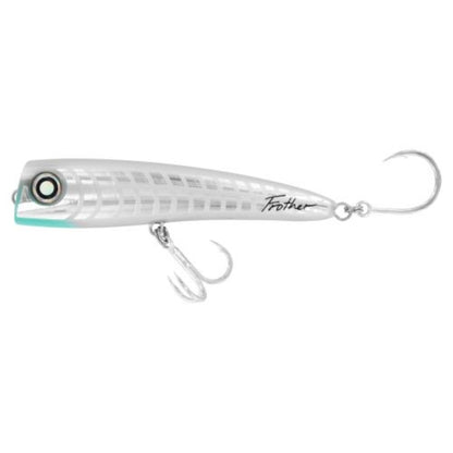 Dogfish Tackle & Marine Daiwa Saltiga Frother silver long cast popper lure with a rounded cup face for offshore fishing