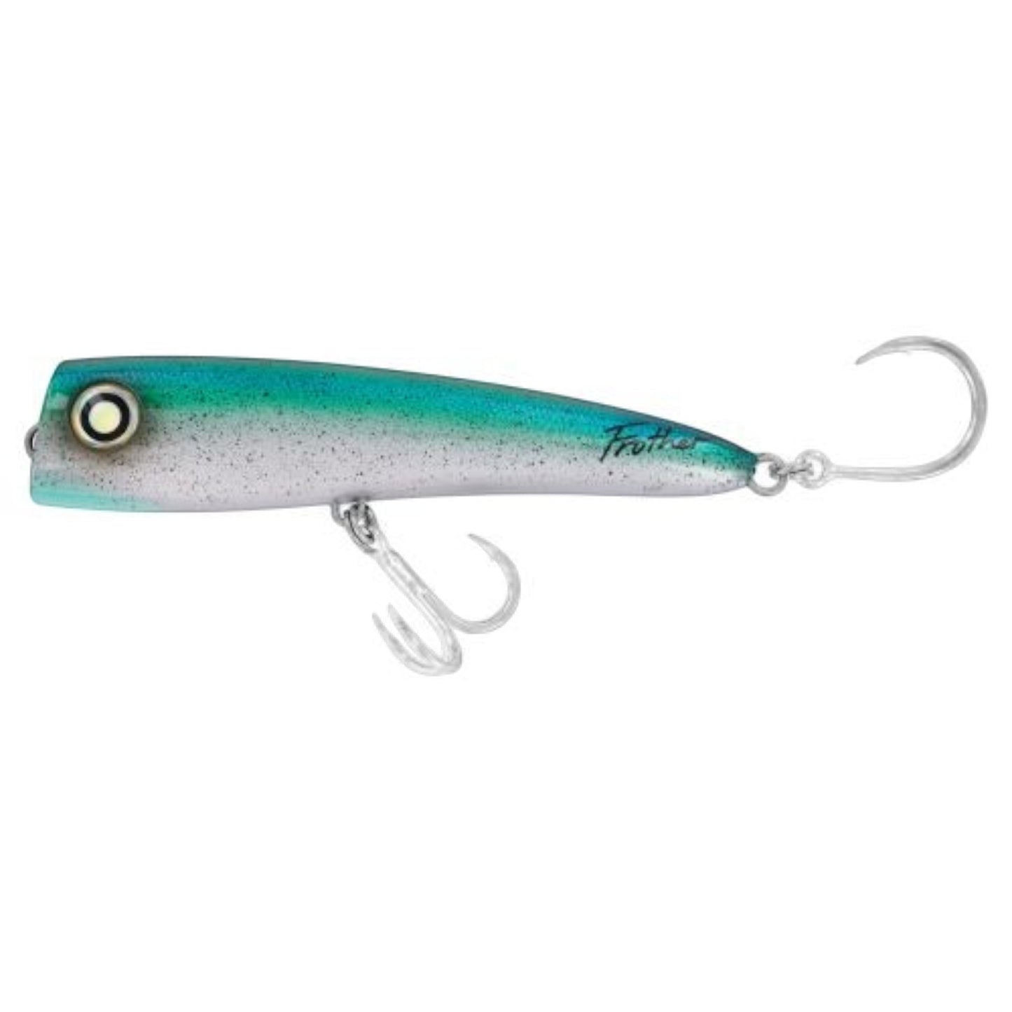 Dogfish Tackle & Marine Daiwa Saltiga Frother long cast popper in teal and silver with a rounded cup face
