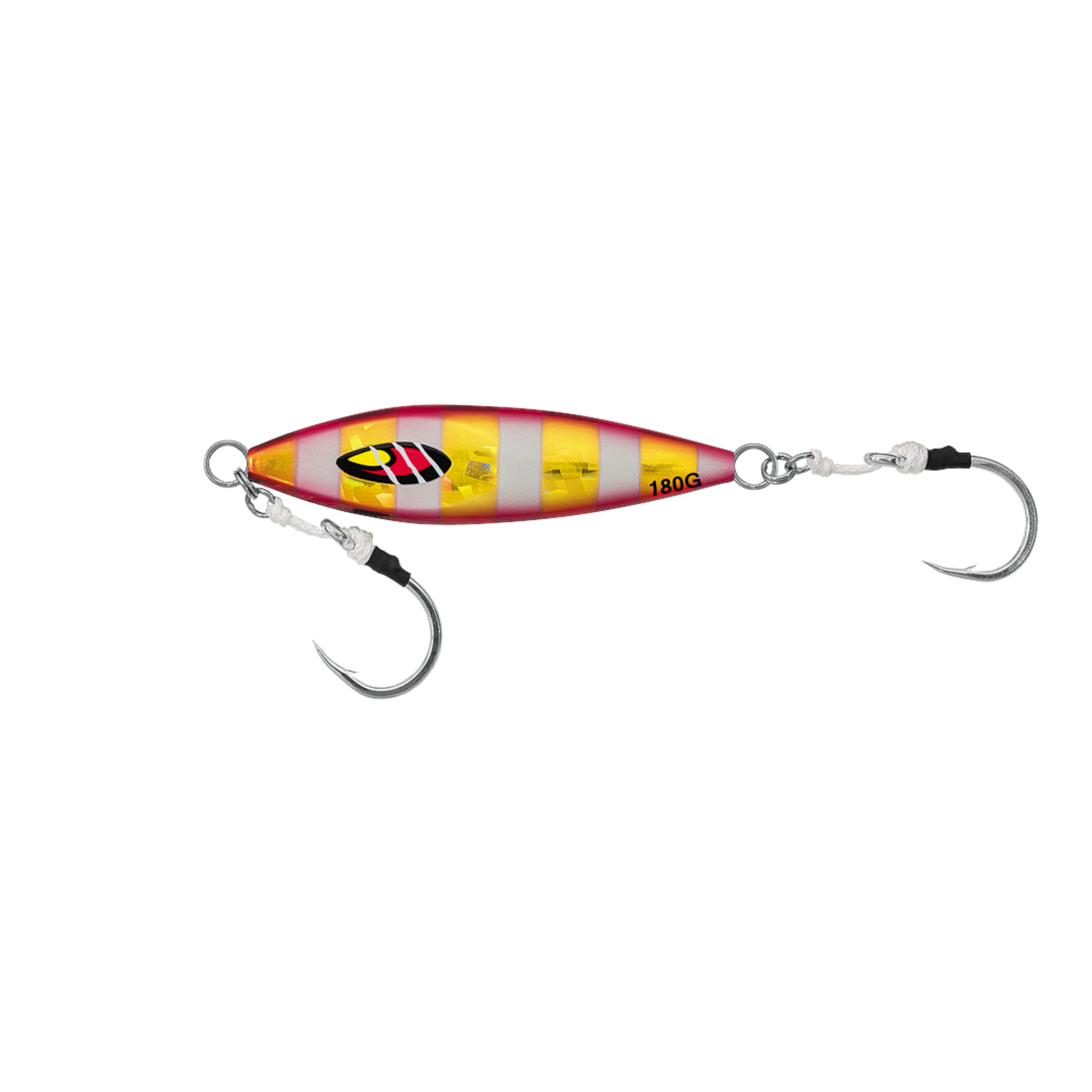 Dogfish Tackle & Marine Daiwa Mr Slow Jig in Zebra Red Gold with two sharp assist hooks on a black background.
