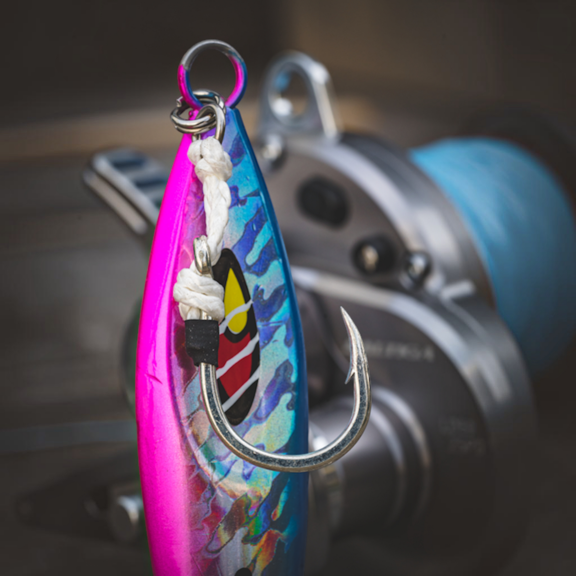 Dogfish Tackle & Marine Daiwa Mr Slow Jig in blue and pink with sharp assist hook and fluorocarbon-stiffened braid.