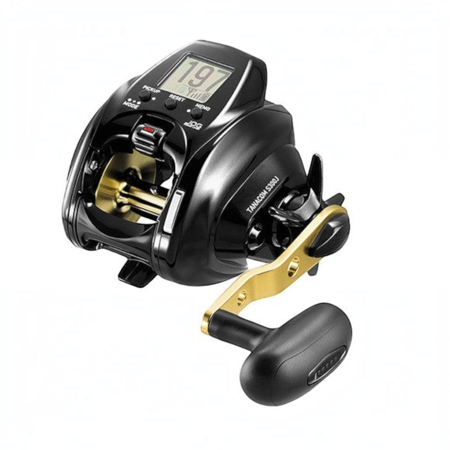Dogfish Tackle & Marine Daiwa 2026 Tanacom 300J electric fishing reel in black with a gold handle and digital display