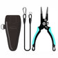 Dogfish Tackle & Marine Danco Pro Series 6.5-inch aluminum fishing pliers with black frame, teal grips, sheath, and lanyard.