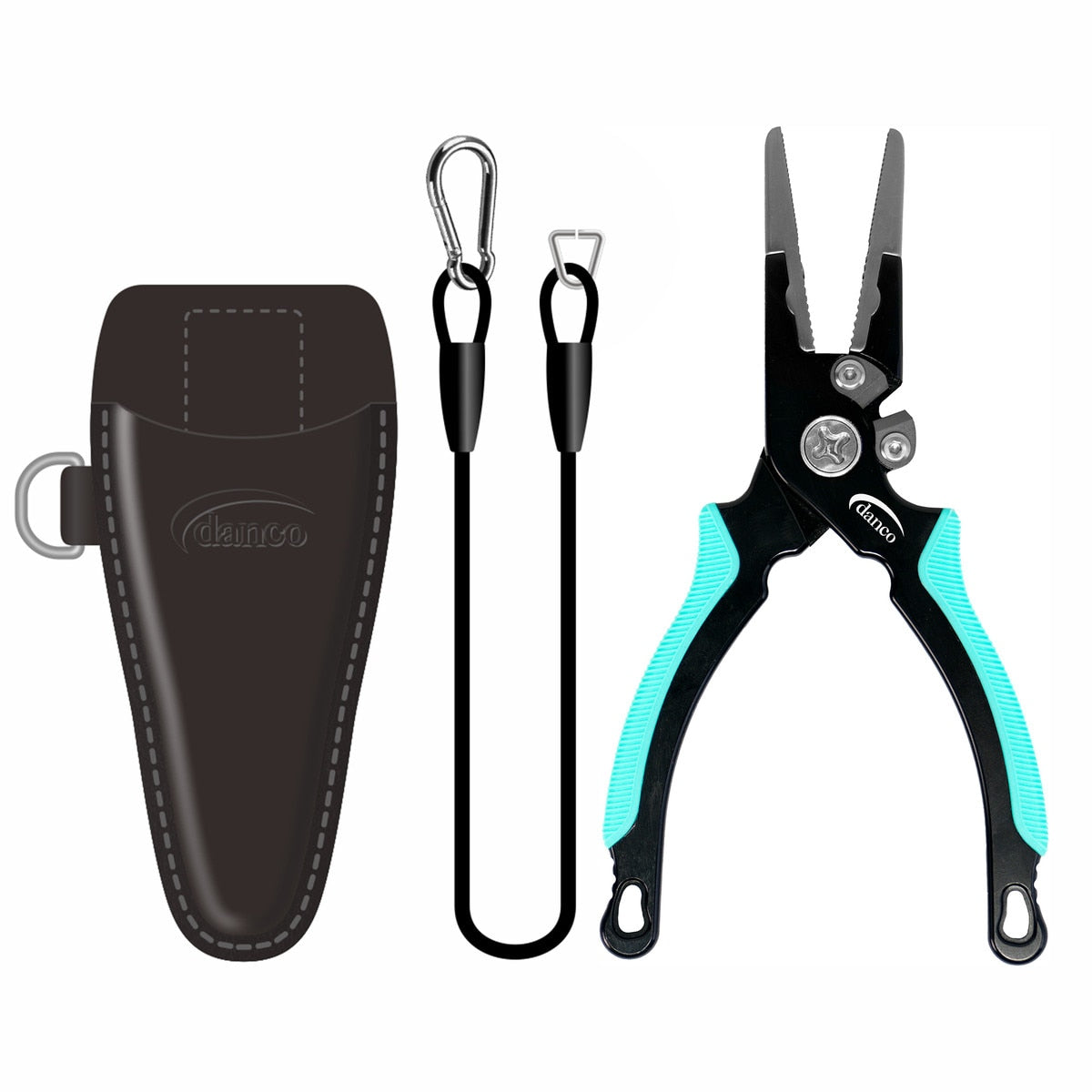 Dogfish Tackle & Marine Danco Pro Series 6.5-inch aluminum fishing pliers with black frame, teal grips, sheath, and lanyard.