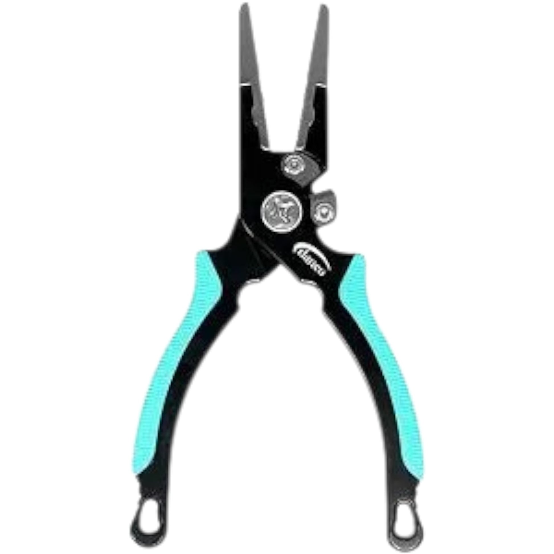 Dogfish Tackle & Marine Danco Pro Series 6.5-inch aluminum fishing pliers with black frame and teal rubber grips.