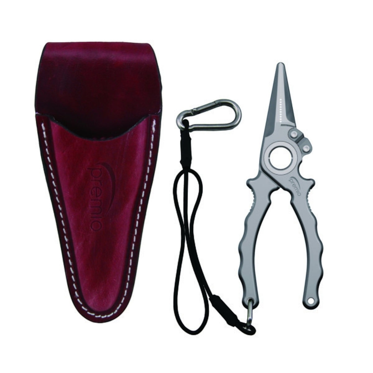 Dogfish Tackle & Marine Danco Premio titanium fishing pliers with a leather sheath, lanyard, and carabiner.