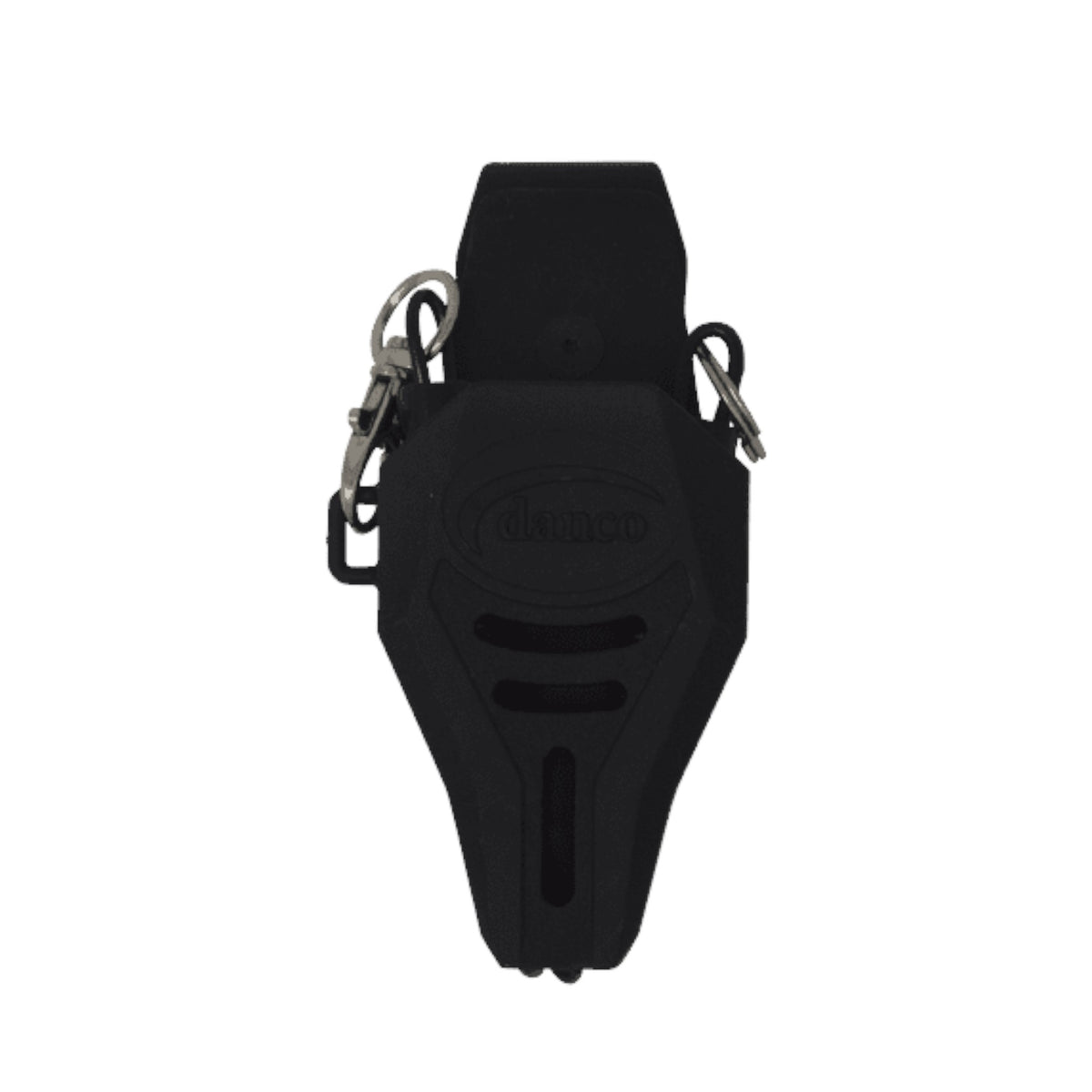 Dogfish Tackle & Marine Danco large black rubber plier sheath with swiveling design, belt clip, and coiled lanyard.
