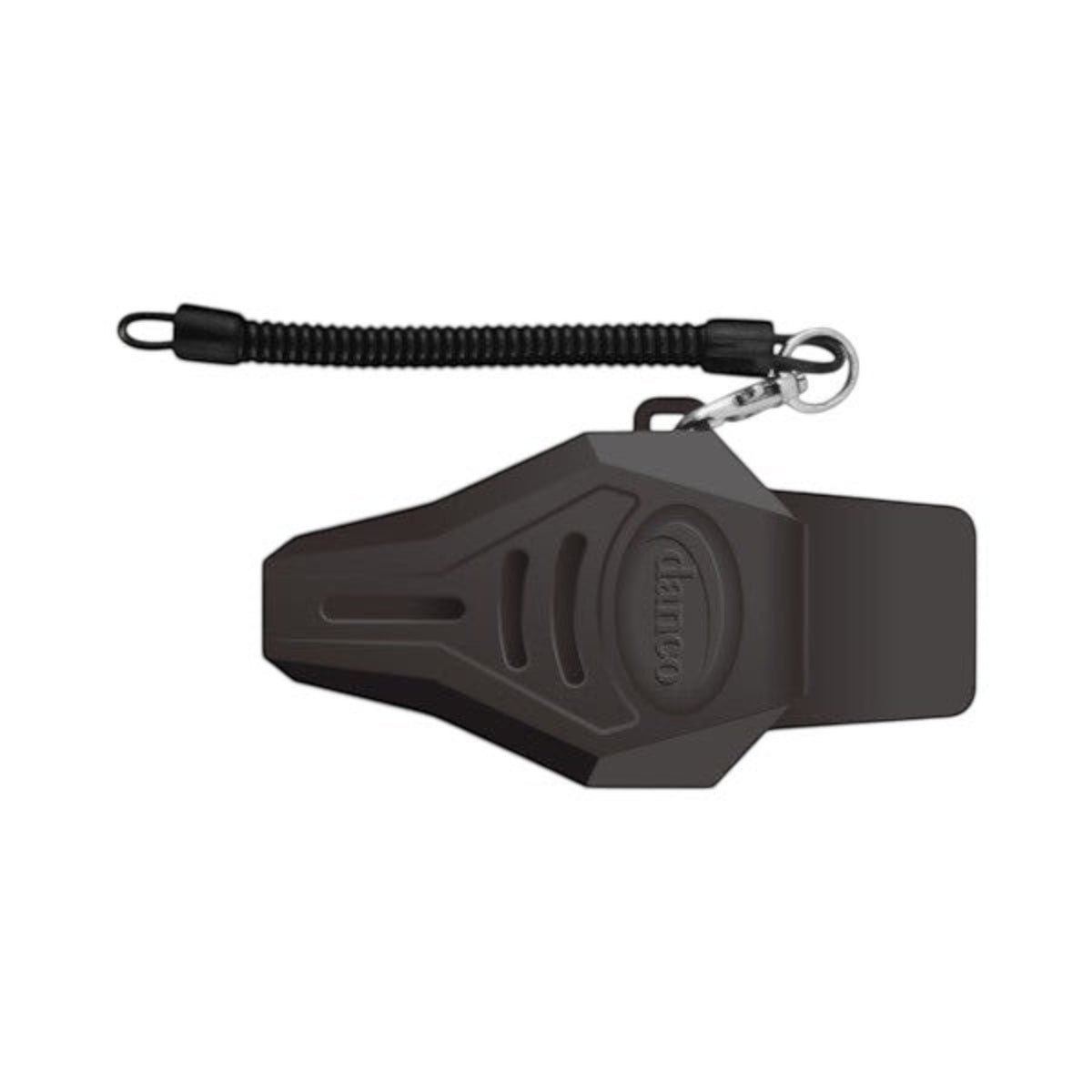 Dogfish Tackle & Marine Danco large black rubber plier sheath with a 36-inch coiled lanyard and belt clip.