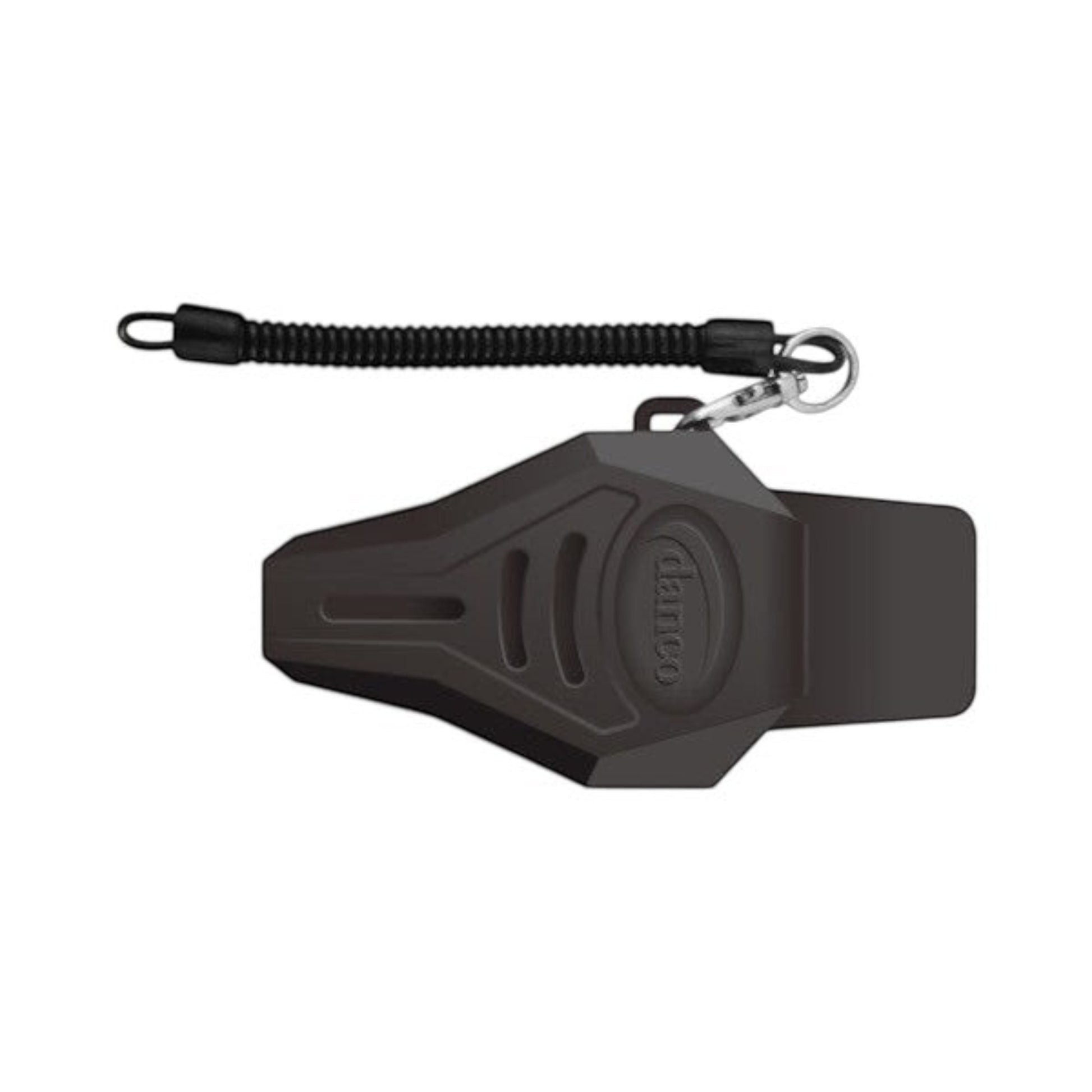 Dogfish Tackle & Marine Danco large black rubber plier sheath with a 36-inch coiled lanyard and belt clip.