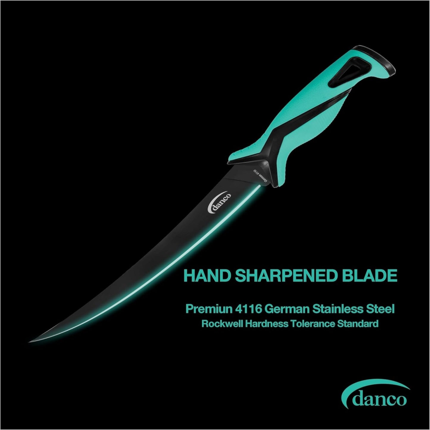 Dogfish Tackle & Marine Danco 9-inch Pro Series Stout fillet knife with black Teflon blade and teal ergonomic handle