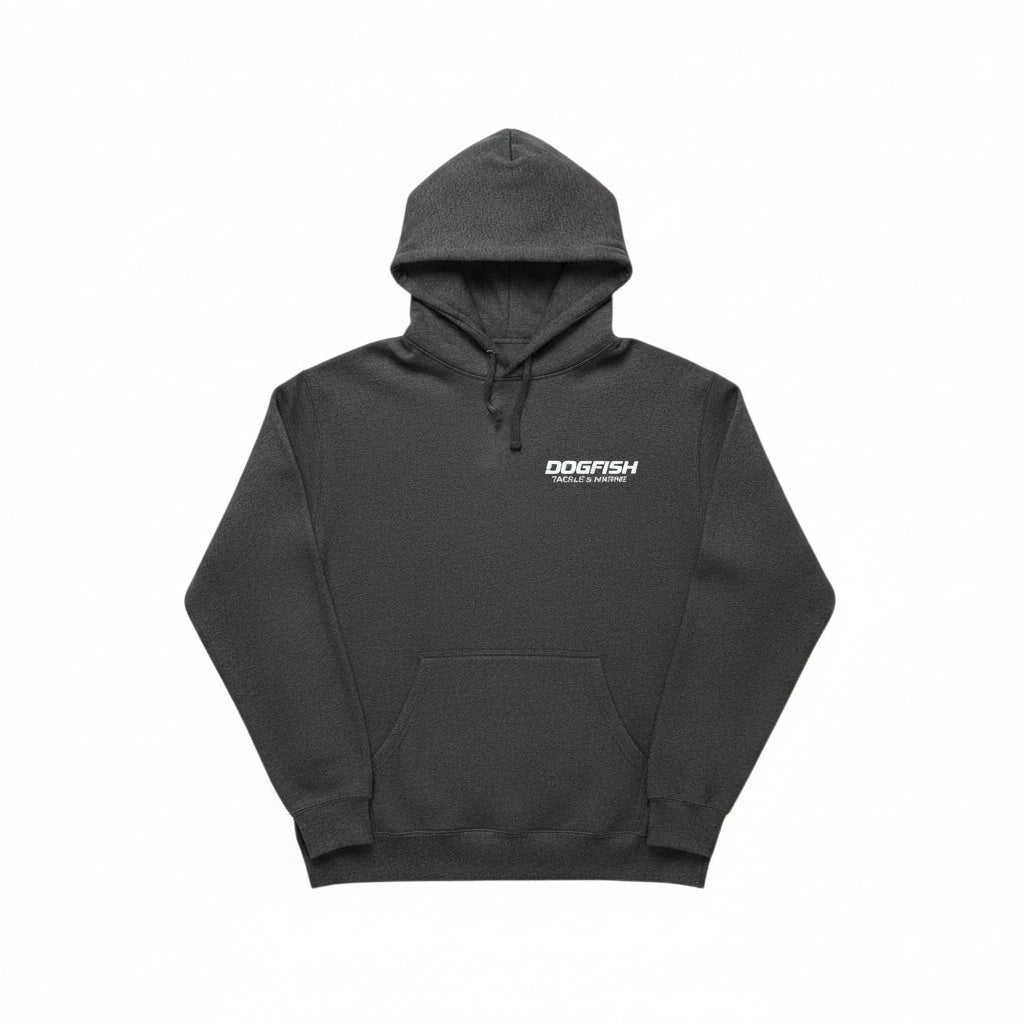 Dogfish Tackle & Marine dark grey cotton blend midweight hoodie with octopus logo on chest. Features a front pouch pocket and adjustable hood.