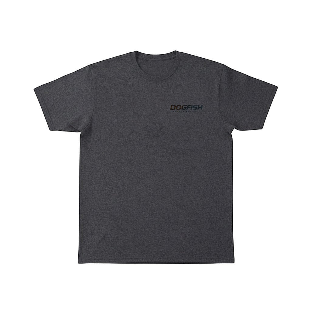 Dogfish Tackle & Marine dark grey poly cotton jersey short sleeve t-shirt with octopus logo on chest.