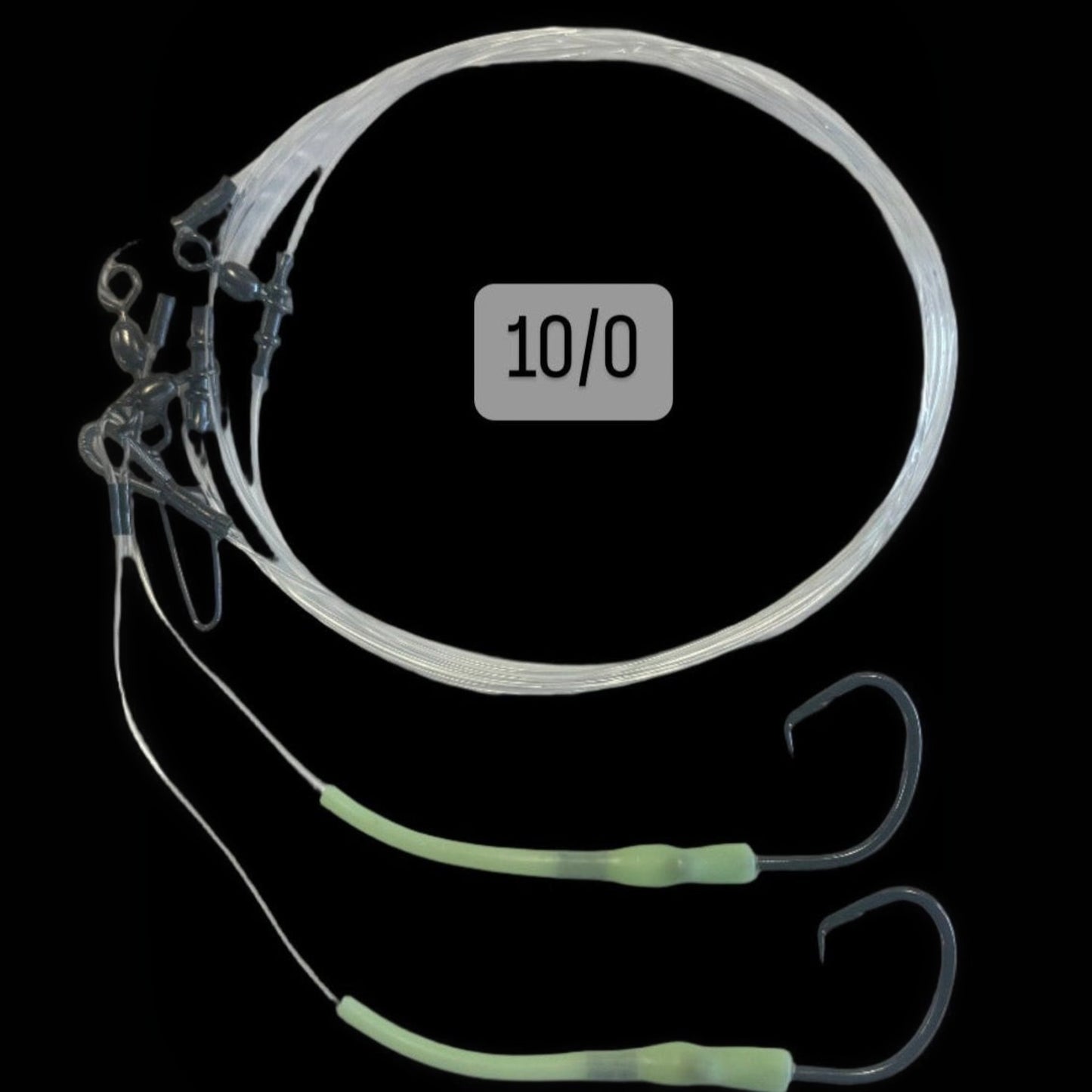 Dogfish Tackle & Marine 10/0 deep drop fishing rig with two glow-in-the-dark leaders and black nickel circle hooks.