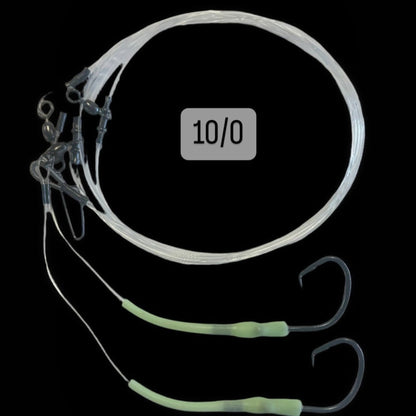Dogfish Tackle & Marine 10/0 deep drop fishing rig with two glow-in-the-dark leaders and black nickel circle hooks.