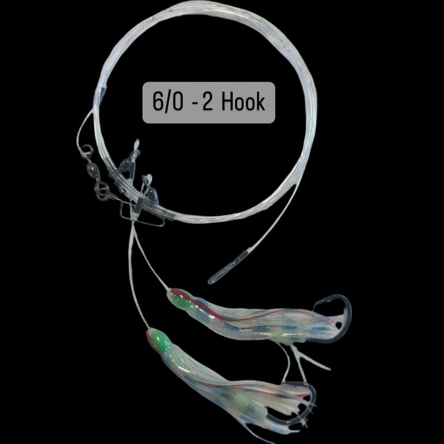 Dogfish Tackle & Marine deep drop fishing rig with two lures, 6/0-2 hooks, and glow-in-the-dark chafe protectors.