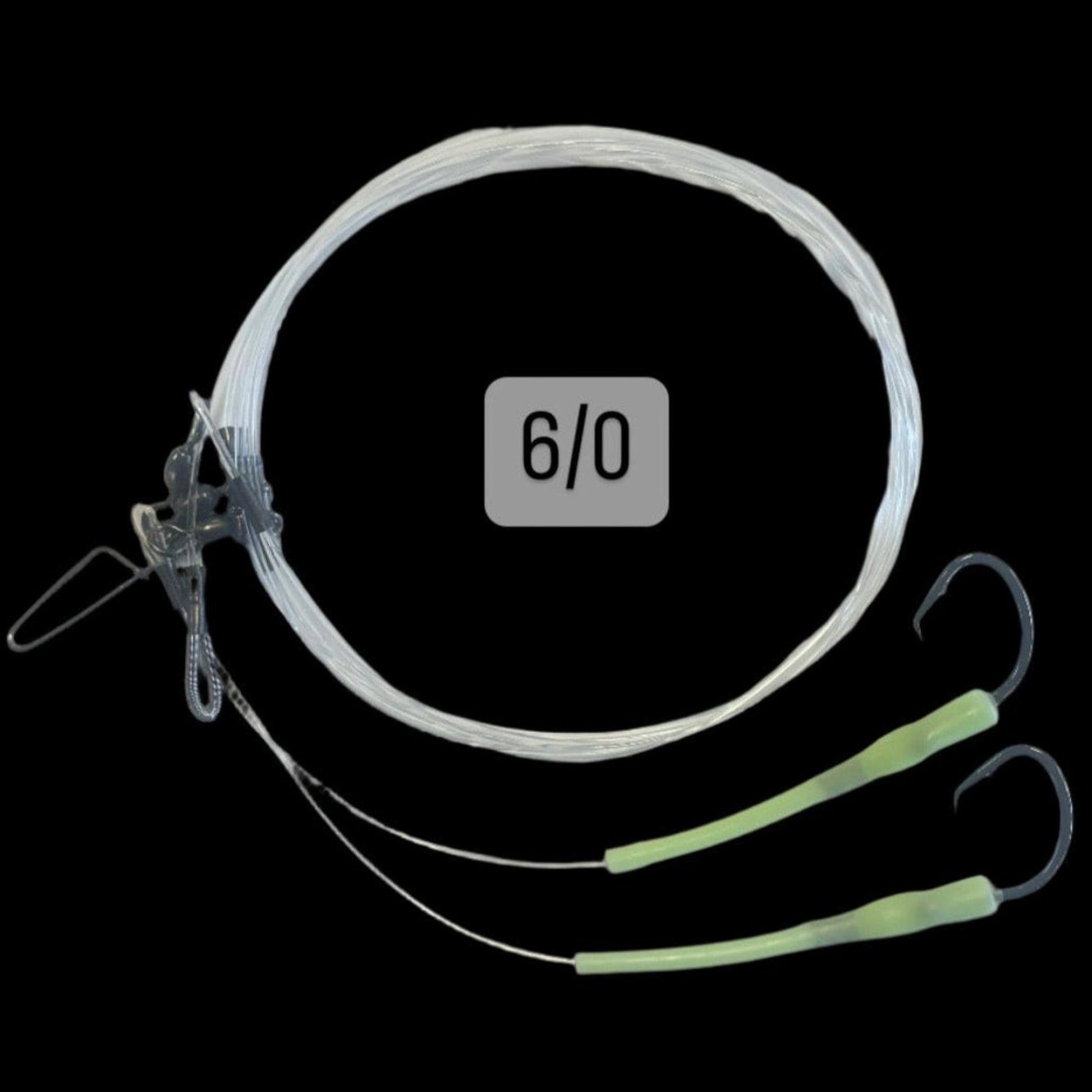 Dogfish Tackle & Marine deep drop fishing rig with 2 hooks, glow-in-the-dark sleeves, and 300lb monofilament line.