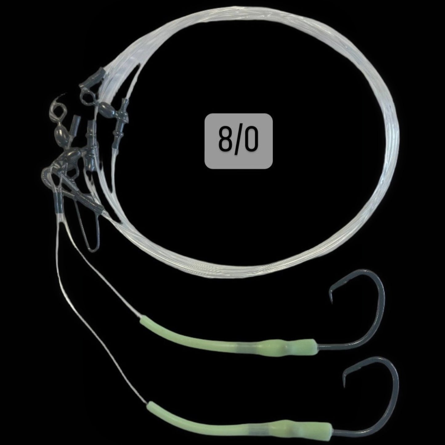 Dogfish Tackle & Marine 8/0 deep drop fishing rig with 300lb main line, 150lb branches, and glow-in-the-dark chafe protectors.