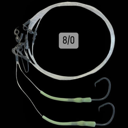 Dogfish Tackle & Marine 8/0 deep drop fishing rig with 300lb main line, 150lb branches, and glow-in-the-dark chafe protectors.